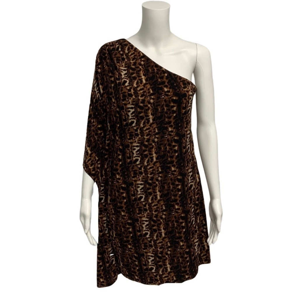 Calvin Klein women's‎ dress one shoulder bat sleeve animal print Size 4 Brown